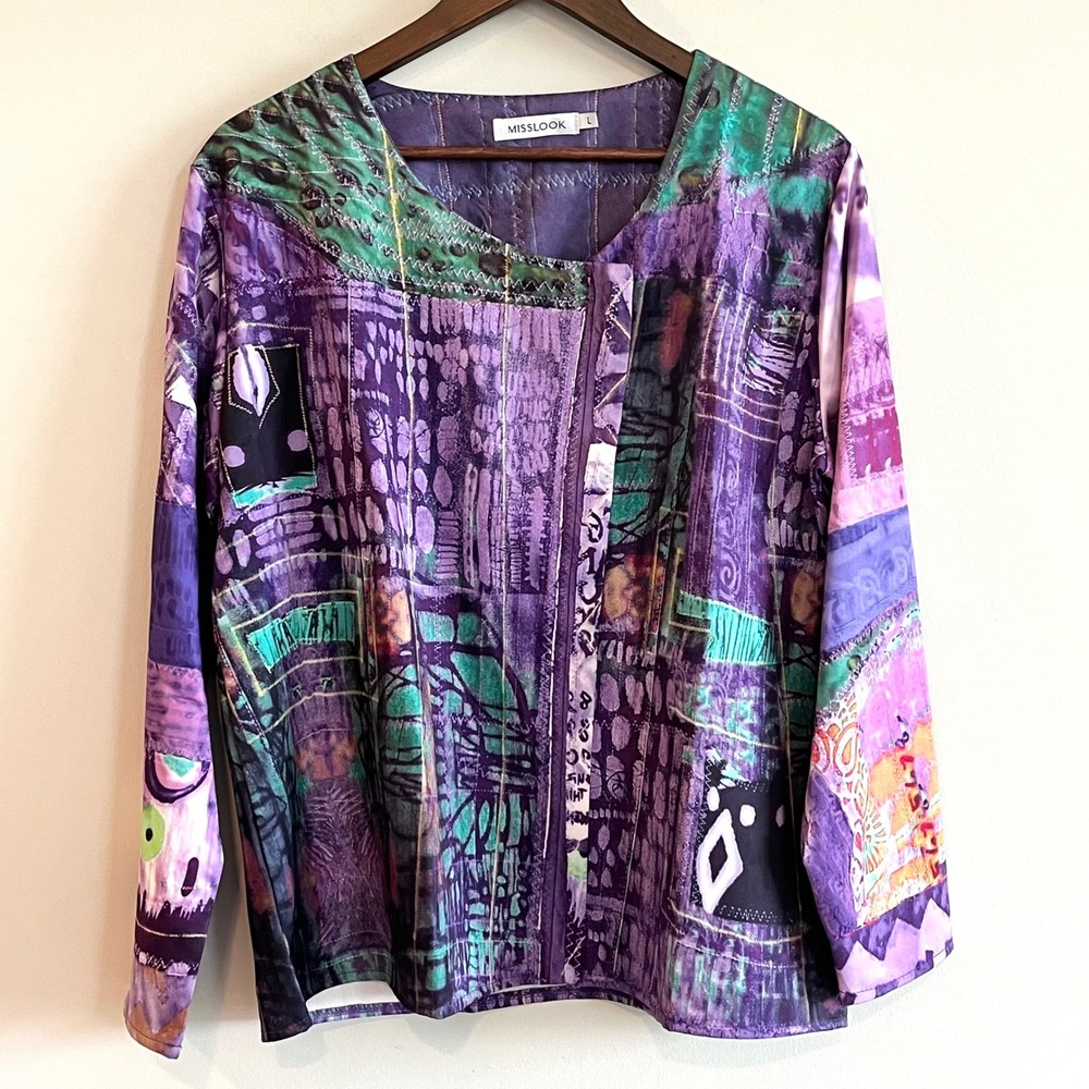 Misslook Purple Abstract Patchwork Print Long Sleeve Blouse Top Womens Large L